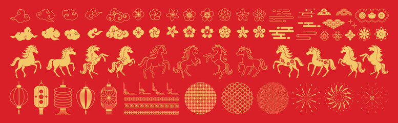 Fototapeta na wymiar Chinese New Year 2026 element vector set. Year of the horse design. Lanterns, horse, firework, frame, pattern, cloud, coin, flower, pattern. Icons of Asian Lunar New Year holiday decoration. 