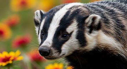 Intense gaze of a badger emerges from vibrant floral background