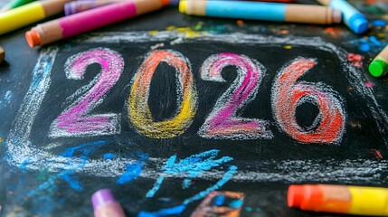 Colorful chalk drawing of the year 2026 on a black chalkboard surrounded by art supplies
