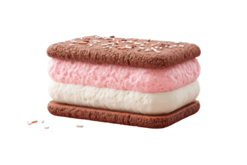 Layered chocolate and strawberry ice cream sandwich with sprinkles, cut out
