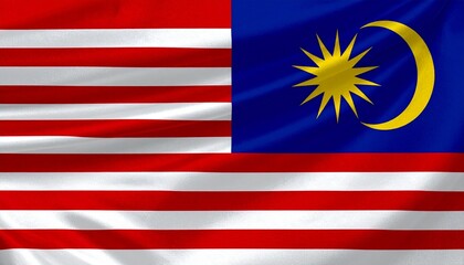 Malaysia flag with 14 red-white stripes, blue rectangle, yellow crescent and 14-point star