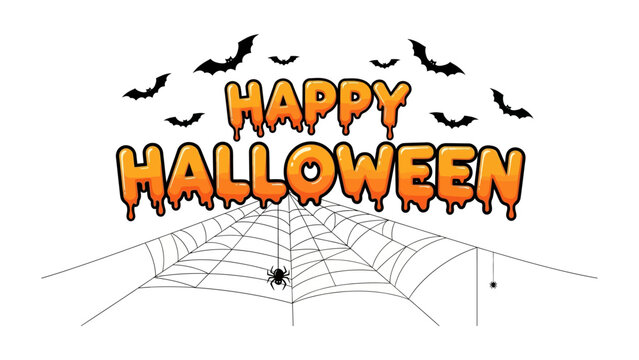 Festive Halloween Scene: Eerie and spooky cartoonish illustration captures the spirit of Halloween with stylized typography, spiders, web, and bats in the air. 