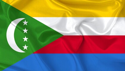 Comoros flag with yellow, white, red, blue stripes, green triangle, white crescent, four stars