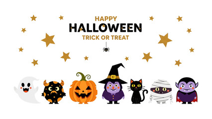 Happy Halloween Trick or Treat: A delightful illustration sets the scene for a Happy Halloween, trick-or-treating fun. Features a ghost, bat, pumpkin, witch, black cat, mummy, and vampire.