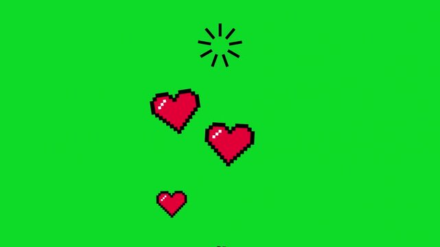 Pixel art hearts on a green screen.