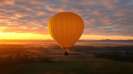 Naklejka premium Hot air balloon rising at sunrise over a misty landscape in soft golden light