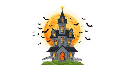 Haunted House Under the Harvest Moon: An enchanting Halloween illustration, a shadowy mansion stands silhouetted against a vibrant harvest moon, with bats adding a touch of spooky charm.