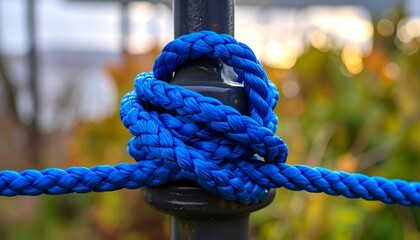 Close-up of blue rope tied in knot around metal post