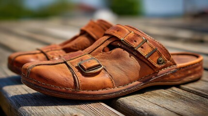 Rustic Leather Slide Sandals on Wooden Surface with Blurred Background