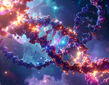 Colorful DNA helix in a cosmic nebula