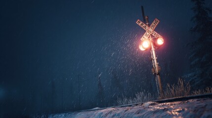 Illuminated Railroad Crossing Sign in Winter Night with Snow Falling and Dark Sky Creating a Mysterious Atmosphere