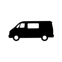 Silhouette of a van on white background illustrating transportation vehicle symbol