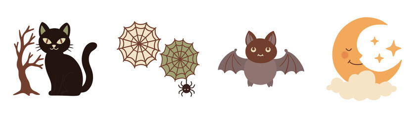 A Set of Playful Halloween Icons and Symbols with a Cat, Collection of Hand Drawn Spooky Animal and Moon Illustrations.