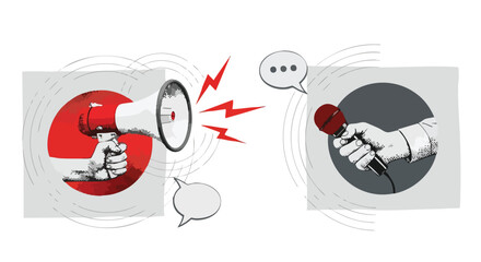 Graphic illustration of communication conflict, showing a hand with a megaphone versus a hand holding a microphone.