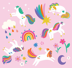 Sticker set. Dreamy Meadow Ponies on pink. Vector illustration