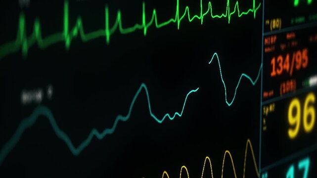 Pulse display device used at the healthcare center. Medical display device monitors the pulse of the ill patient. Display device indicates the consistent pulse coming from the patient. Heart.