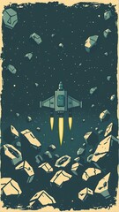 Spaceship Ascending Through Asteroid Field - Grunge