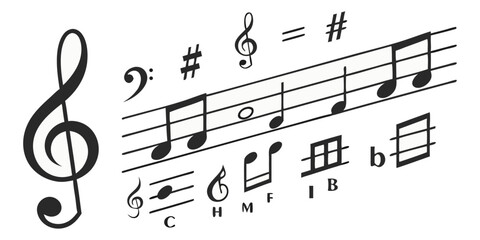 A collection of musical symbols and notation elements, including treble clef, bass clef, sharp, flat, rests, and various note values (whole, half, quarter, eighth, and sixteenth notes). The symbols ar