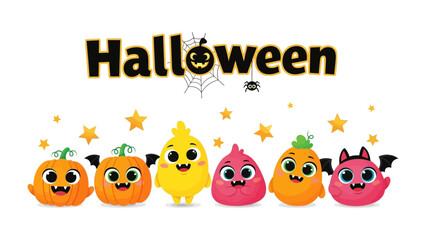 Halloween Characters Festive: A vibrant and whimsical illustration showcases a group of adorable Halloween-themed characters. Each character is designed with a unique charm.