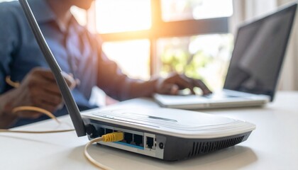 Selective focus at router. Internet router on working table with blurred man connect the cable at the background. Fast and high speed internet connection from fiber line with LAN cable connection.