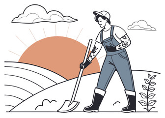 Obraz premium Farmer working in a field at sunrise, illustration of agricultural work and sustainable farming practices