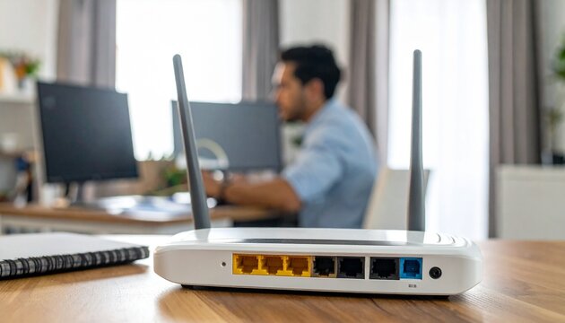 Selective focus at router. Internet router on working table with blurred man connect the cable at the background. Fast and high speed internet connection from fiber line with LAN cable connection.
