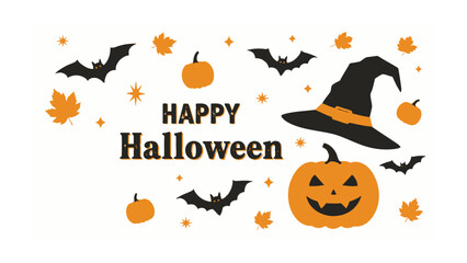 Spooky Halloween Elements: A festive Halloween-themed design features a grinning jack-o'-lantern, bats, witch hat, pumpkin, and autumn leaves, all set against a seasonal holiday backdrop.