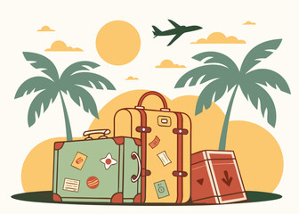 Fototapeta premium Travel illustrations depicting suitcases, palm trees, and a plane under a sunny sky, suggesting a vacation or getaway