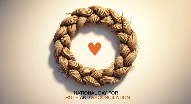 Symbolic tribute for National Day for Truth and Reconciliation featuring a braided circle and vibrant orange heart, representing healing and remembrance