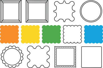 Various shapes and frames in different colors on white background
