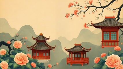 Asian Landscape with Cherry Blossoms