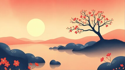 Serene Sunset Landscape with Cherry Blossom Tree