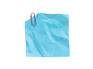 blue crumpled sticky note paper with red paperclip isolated on white or transparent png