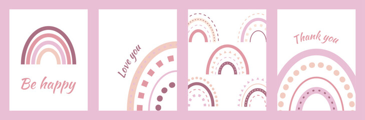 Set of postcards with pink rainbows and sweet inscriptions. Perfect for greeting cards, posters, gifts, packaging, invitations and romantic design projects. Cute, modern and tender illustration pack.