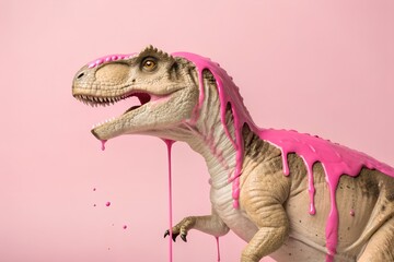 Fototapeta premium Dinosaur toy covered in pink paint with drips against a pink background
