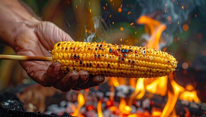Hand roasting corn vividly