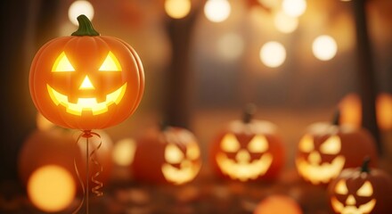 Glowing Jack-o’-Lantern Pumpkins with Smiling Faces at Night, Warm Halloween Lights Bokeh, Festive Autumn Party Outdoor Celebration, Magical Fall Holiday Decor, Pumpkin Patch Trick or Treat Seasonal 