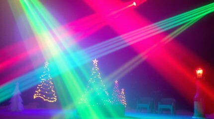 Festival of Lights:  Vibrant light beams paint the night, interplaying with illuminated trees to generate a mesmerizing, dynamic display of color.