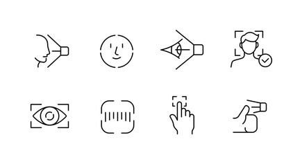 Vision assessment outline icons set – eye health, diagnostic, testing symbols