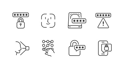 Cybersecurity and privacy icons set – outline, linear, digital protection symbols