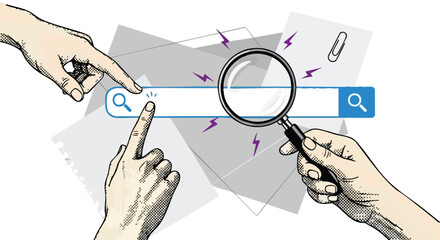Multiple hands interacting with a search bar and magnifying glass, symbolizing collaborative online search and information discovery.