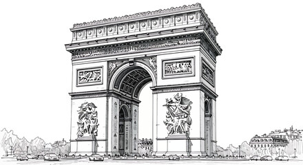 Fototapeta premium Detailed black and white sketch of the historic Arc de Triomphe monument in Paris, France, showcasing its intricate architectural details.