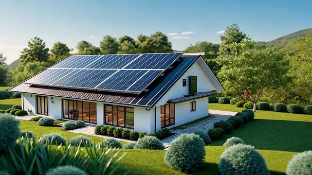 Modern Eco Friendly House with Solar Panels and Green Garden Under Bright Blue Sky
