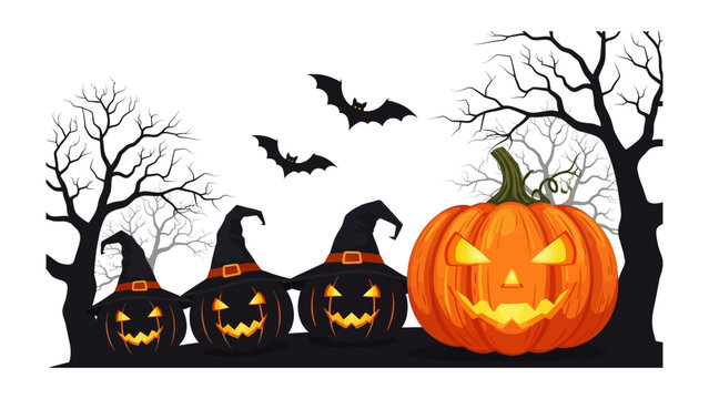 Spooky Halloween Gathering: A vibrant Halloween scene unfolds with carved pumpkins donning witch hats, spooky tree and bats, evoking an atmosphere of eerie delight. 