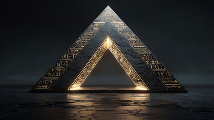 Glowing Triangular Pyramid Emblem With Hieroglyphic Inscriptions Illuminating A Dark Surface In Studio