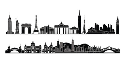 Fototapeta premium A bold black silhouette of famous world landmarks and city skylines, including Paris, New York, London, and Sydney, on a white background.