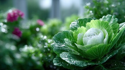 Close Up of Fresh Green Cabbage Head with Water Droplets in Lush Garden Setting Soft Lighting