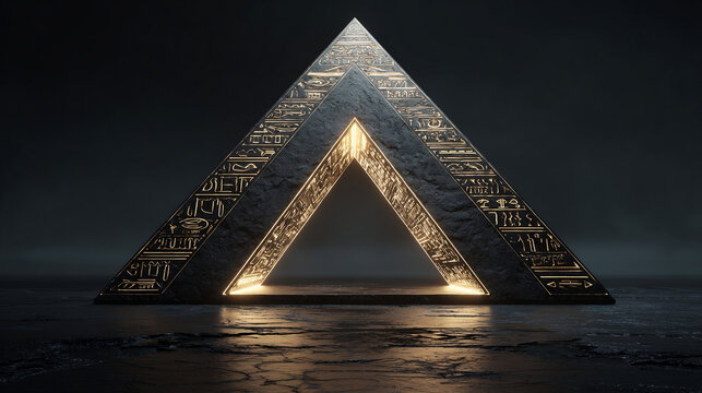 Glowing Triangular Pyramid Emblem With Hieroglyphic Inscriptions Illuminating A Dark Surface In Studio