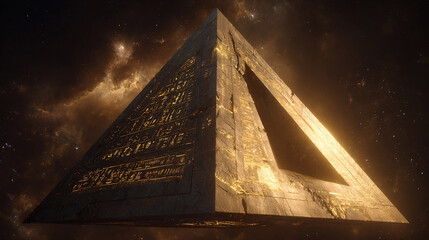 Golden Pyramid Gate in Space: Ancient Monument Meets Sci-Fi Mystery and Cosmic Light