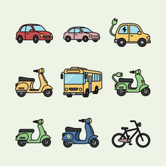 Naklejka premium Vibrant collection of modern vehicles including electric cars, scooters, bus, and bicycle for eco-friendly transport concepts
